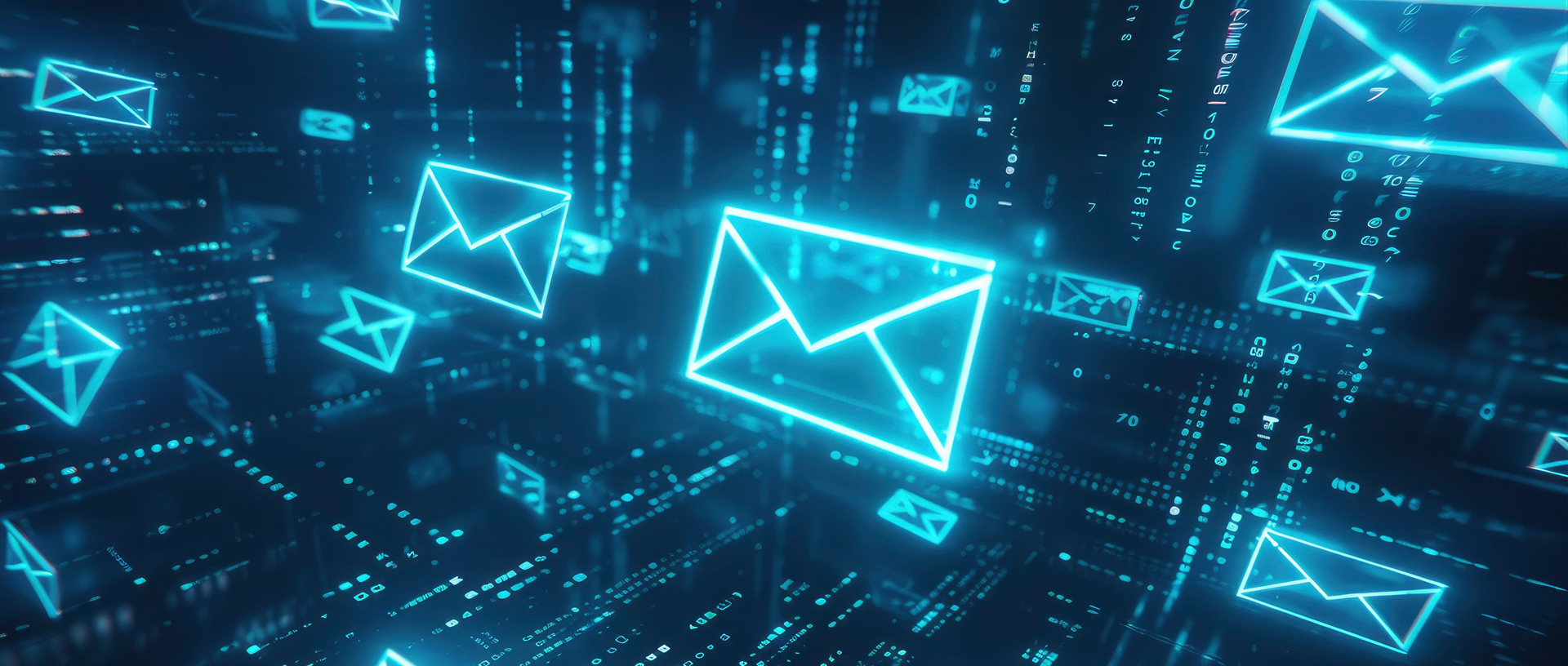 Illustration of digital mail pieces flowing across a dark blue background with ones and zeros